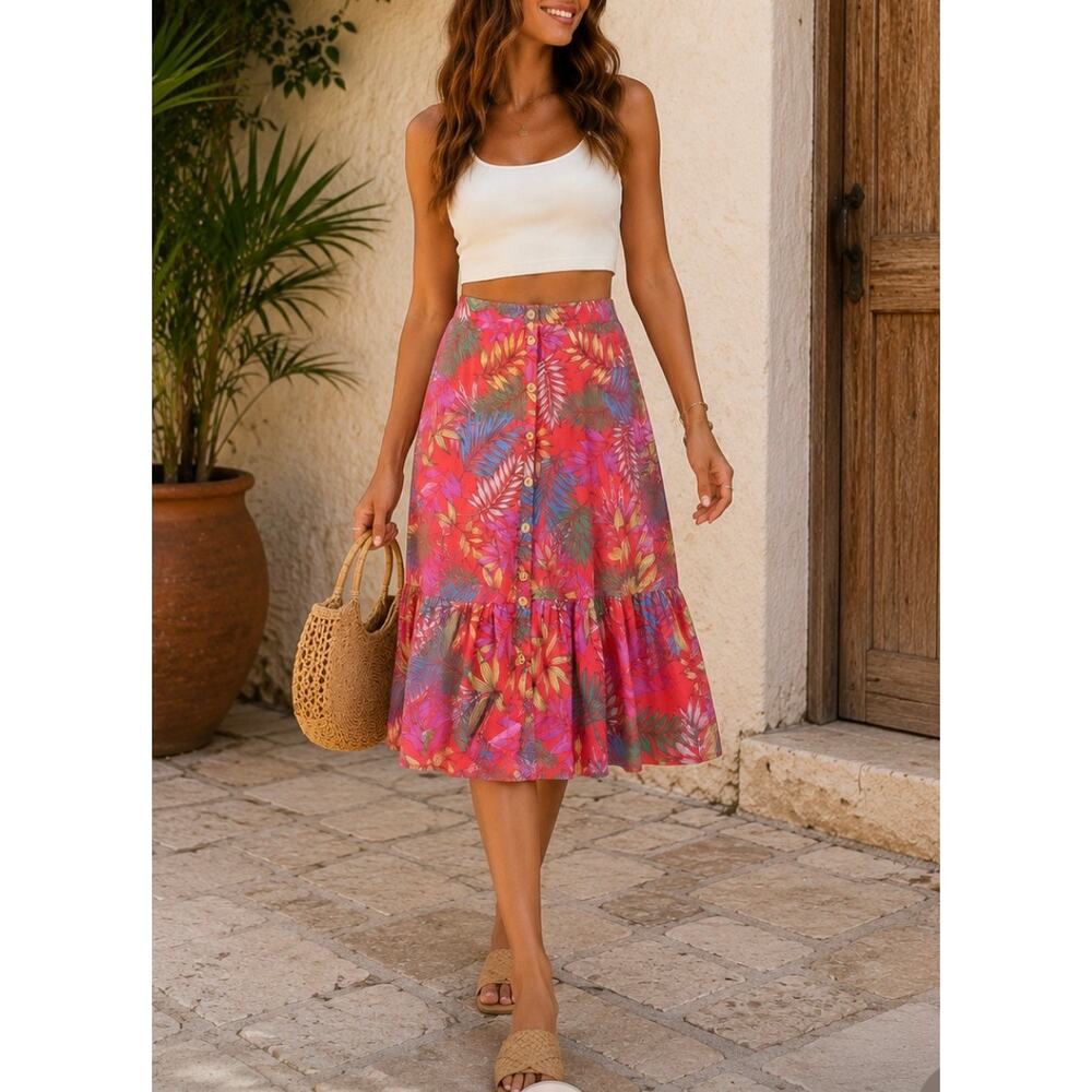 Mlle Gabrielle Tropical Leaf Print Button Front Mini Skirt XL NWT Resort